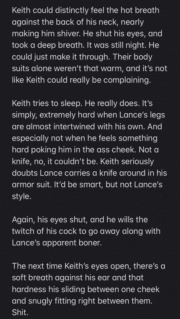 Sneak peek of the fic I’ve been working on that started bottom Keith, then became bottom Lance, then became,,, whoever comes out on top 👀