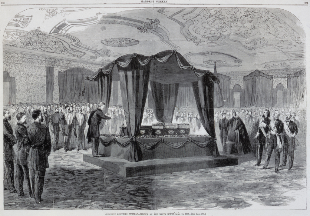 This engraving of President Abraham Lincoln's funeral in the East Room was published in Harper's Weekly on May 6, 1868. First Lady Mary Todd Lincoln was added to the scene by the artist, but in reality, she did not attend the funeral. 3/8Image: Harper's Weekly