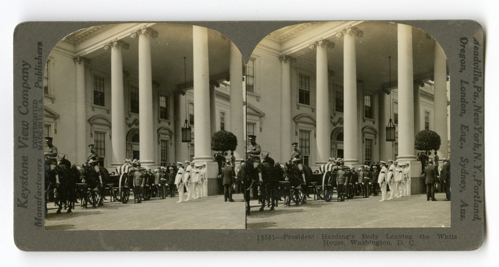 This stereograph by Keystone View Company shows President Warren G. Harding's casket leaving the White House on August 8, 1923. 5/8Image: White House Historical Association