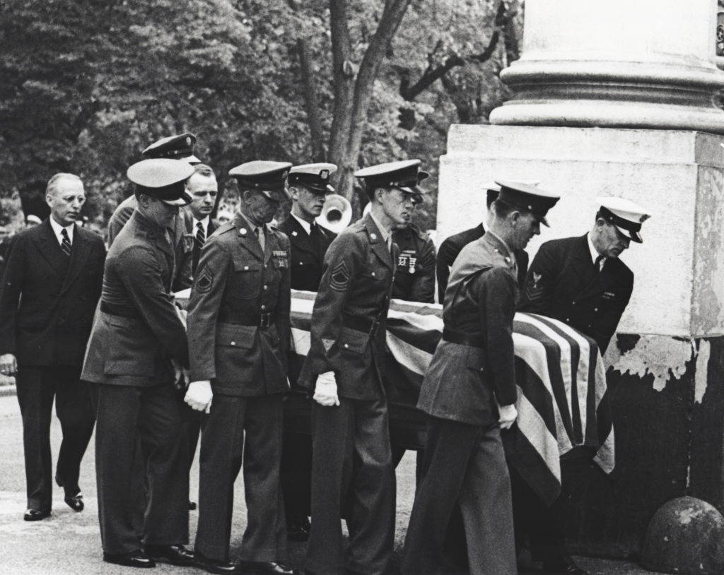 This photograph shows President Franklin D. Roosevelt's casket arriving at the White House on April 14, 1945. 7/8Image: NARA