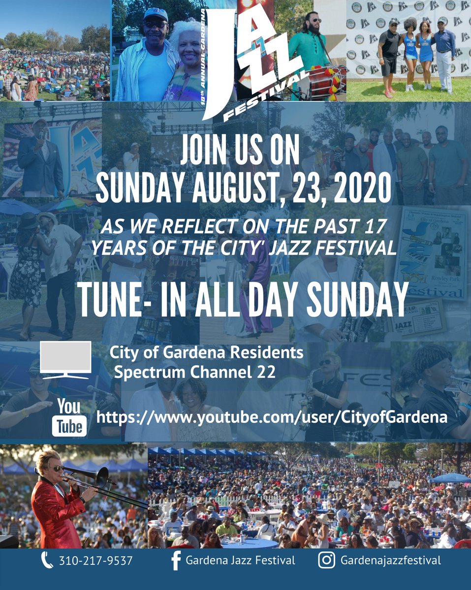 GardenaJazzFest's tweet photo. Join us this Sunday to reflect on the past 17 years of the City's Jazz Festival.  We are looking forward to coming back even better than ever!  Let us know some of your favorite performances and who you look forward to seeing in 2021! https://t.co/m1S3Bht5rx