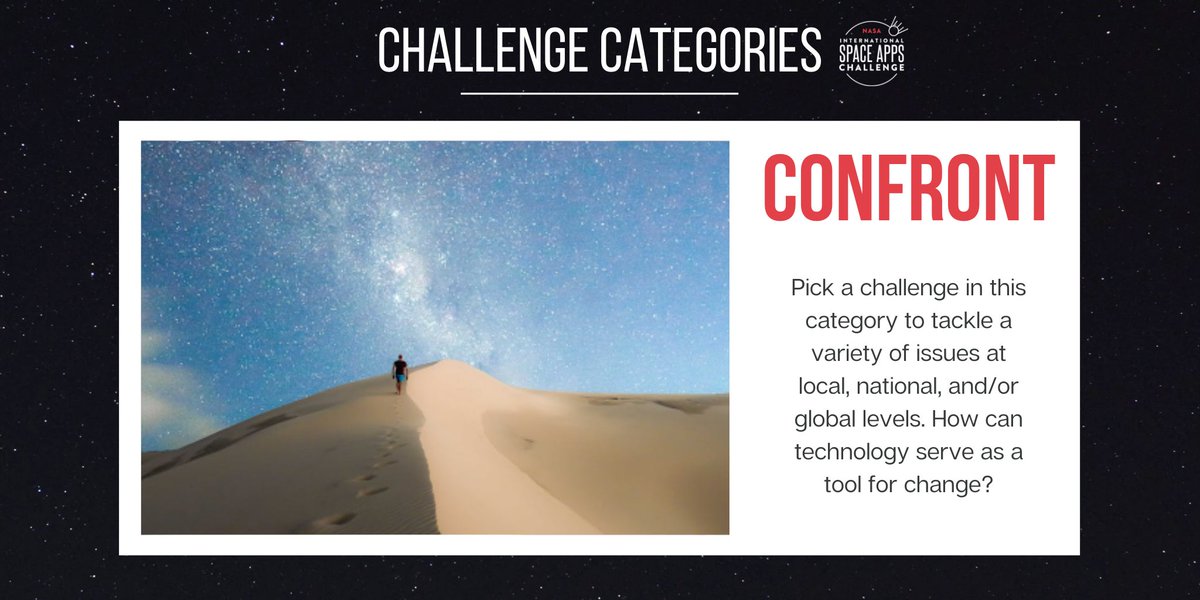 SpaceApps's tweet photo. #SpaceApps Challenge Category: Confront 🚀 Pick a challenge in this category to tackle a variety of issues at local, national, and/or global levels. How can technology serve as a tool for change? https://t.co/GP2z6gtxFy
