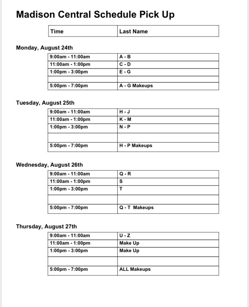 Student schedule Pick-Up starts Monday! Please follow the schedule below, we are doing this in alphabetical order not by grade. We can not wait to see you next week! Roll Tribe!