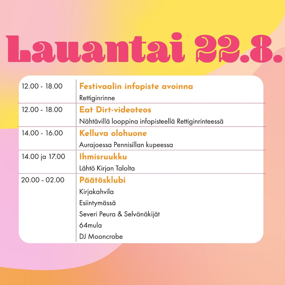 Olohuone's tweet photo. Onko ollut kiva perjantai?
Festari jatkuu vielä yhden päivä, joten tsekkaa tästä lauantain ohjelma ja hyppää kelkkaan!

#kaupunkitaide #taide #olohuone306 #olkkari #festivaali #turku https://t.co/At6rFWq1mS