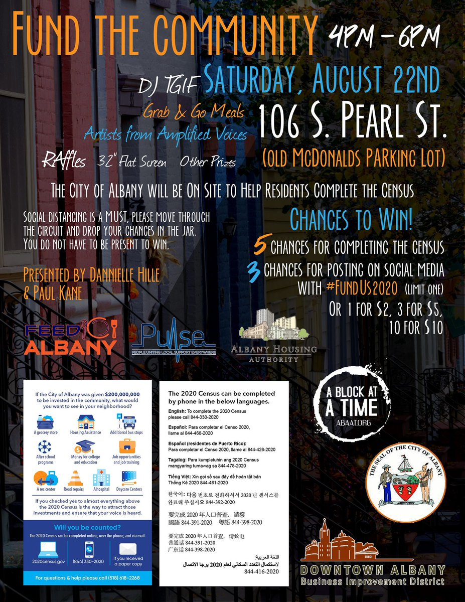 AlbanyBID's tweet photo. ✨Saturday✨

Head to 106 S Pearl Street for music, raffles, and - of course - to complete the 2020 Census.

Bonus: let your friends &amp; family know by sharing the Facebook event ➡️ https://t.co/ehtiMPmuyG

#DowntownAlbany #BeCounted #CensusIsMoney #MaskUpDowntown https://t.co/i3p9M86YYm