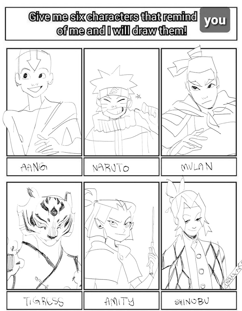 did the six characters that remind you of me challenge; sorry they're just sketches, my wrist is still weak

#sixcharacters #SixFanarts 