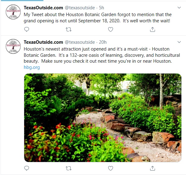 houstonbotanic's tweet photo. We're thrilled that folks like @texasoutside are so excited about our opening that they are wishing they were already here. Be patient. Sept. 18 will be here before you -- and we -- know it! https://t.co/g2ynn6bVm2