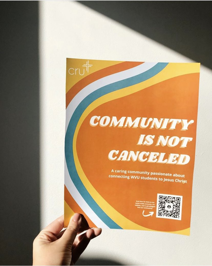 CruWVU's tweet photo. Community is not canceled. 

Things may be different this semester, but we are still committed to building relationships and helping each other grow in our walks with Christ! We know the fear of loneliness is real this year and we want to change that for you. https://t.co/Ss10GizEJS