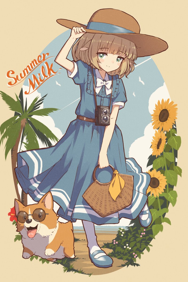 1girl hat flower dress dog blue dress palm tree  illustration images
