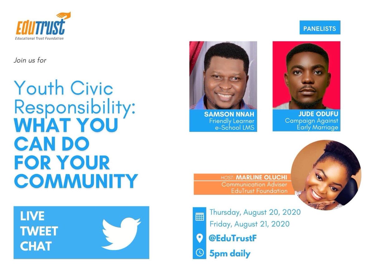 EdutrustF's tweet photo. We’re already counting down to our final Tweetchat for the month, starting in less than an hour.

By 5pm, we will be talking to Jude Odufu, a young Nigerian running a campaign against early marriage.

#EdutrustTweetChat #EdutrustTweetSeries #Youth #Humanrights #Change #Impact https://t.co/iymaCDP8Q1