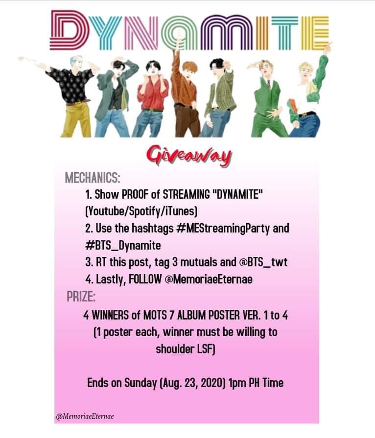 MemoriaeEternae's tweet photo. HEY HEY HEY!!! Let’s go stream DYNAMITE!! Show us your proof and stream and we will reward you a prize!! Check the mechanics on how to win.
#MEStreamingParty #BTS_Dynamite #bts https://t.co/esOwmsiMpy