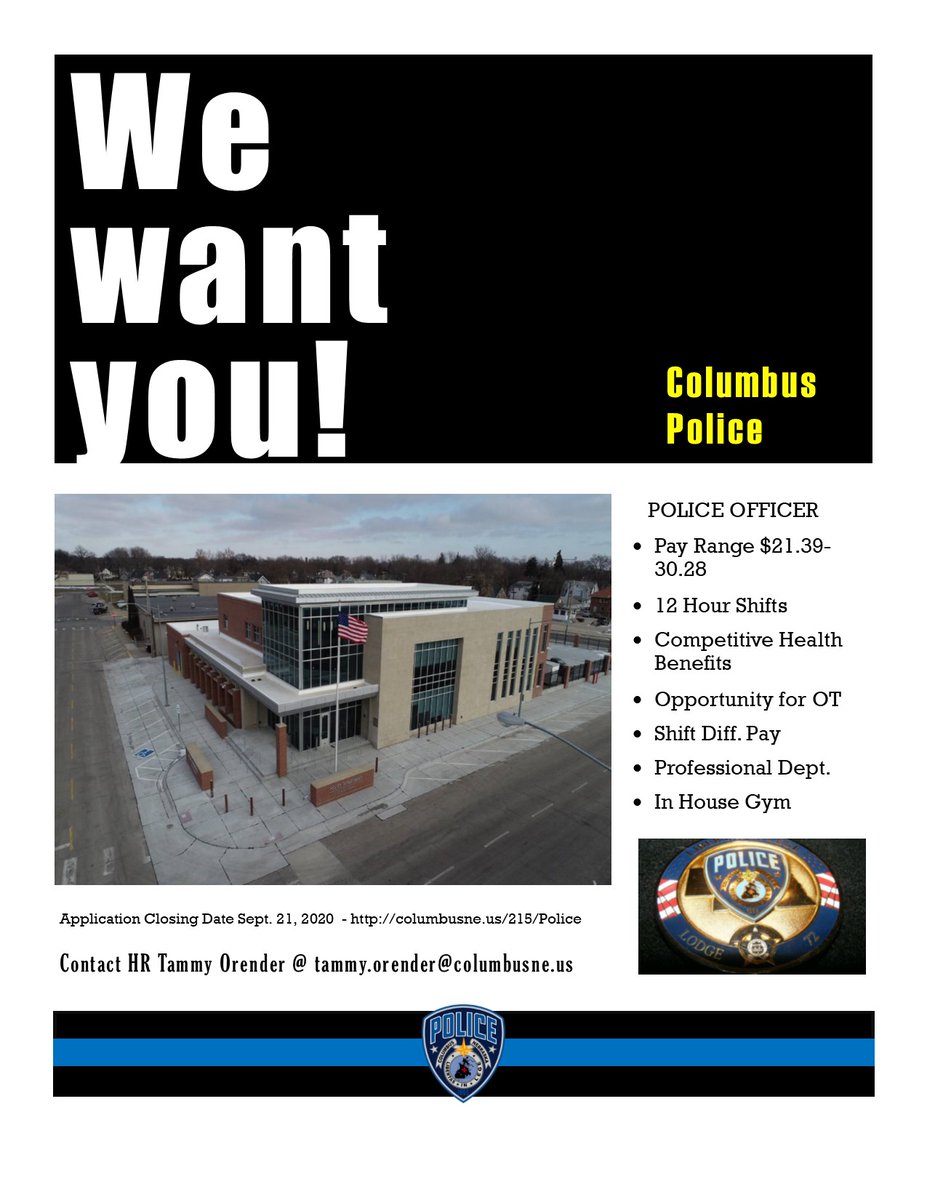 Columbus_NE_PD's tweet photo. Come work with US! We are now accepting applications for police officer. Closing date is 9/21 with testing on 9/26. #comeapply #cpdnewantsyou #joinourteam #cpdne https://t.co/NDCoKQwLpl