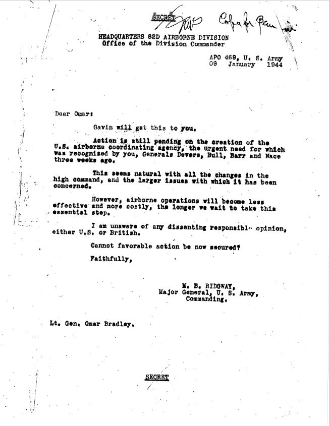 3 of 11: The memo (I know it's really hard to read here), calls for the creation of a US Airborne Coordinating Agency. Ridgway calls this an "urgent need."