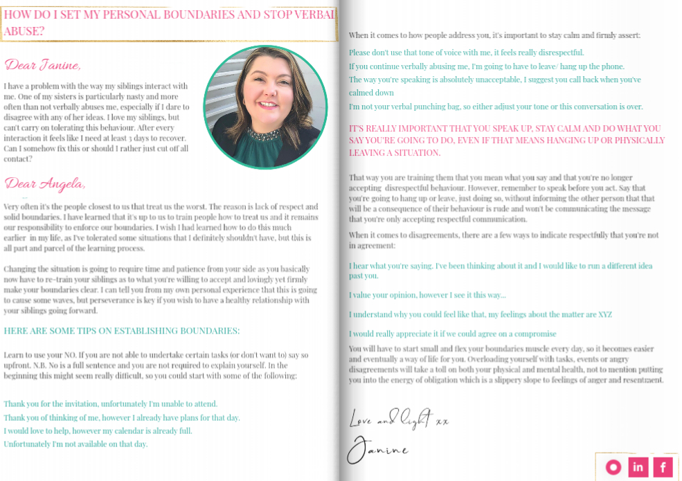 JanineWirth's tweet image. My response to a reader who asked about boundaries and verbal abuse...

#AskJanine #therapistsofinstagram #coachesofinstagram #thefemaleceo #traumaexpert #traumatherapist #healyourself #goodadvice #verbalabuseisstillabuse #stopverbalabuse #boundariesareessential #badassboundarie