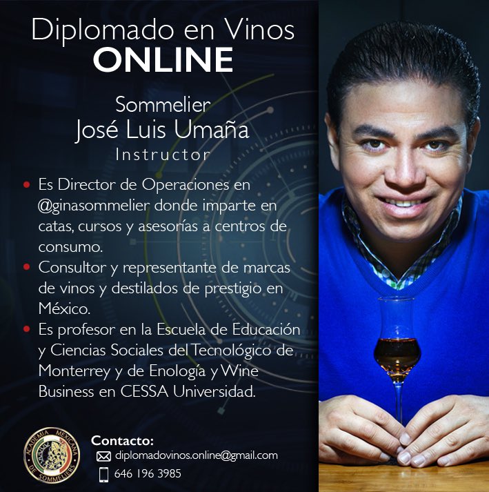 Diplomado en Vinos On Line (@diplomadovinos) on Twitter photo ¿Quieres ser un experto en el mundo del vino?
¡El #Sommelier <a href="/jlumana/">José Luis Umaña</a> es uno de los instructores en nuestro Diplomado en Vinos Online! Somos el único programa con reconocimiento de la Academia Mexicana de Sommeliers.
✔️diplomadovinos.online@gmail.com
✔️WhatsApp: 646 196 3985 ¿Quieres ser un experto en el mundo del vino?
¡El #Sommelier <a href="/jlumana/">José Luis Umaña</a> es uno de los instructores en nuestro Diplomado en Vinos Online! Somos el único programa con reconocimiento de la Academia Mexicana de Sommeliers.
✔️diplomadovinos.online@gmail.com
✔️WhatsApp: 646 196 3985