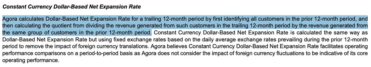 8/ Dollar-based net expansion rate (DBNER)This measures how much a cohort of customers increases their spend year-over-year. Below is an example of how Agora defines it. It is helpful to always read the detail b/c some companies do it differently.I've seen it based on ARR.