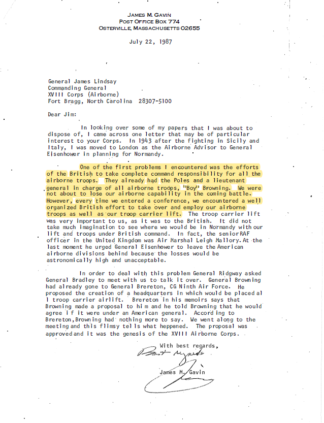 8 of 11:In his 1987 letter to Lindsay (here), Gavin explains that Ridgway's Airborne Coordinating Agency was really an attempt to prevent the Brits from consolidating all Allied troop carrier lift assets (and claiming credit for the impending D Day airborne assaults).