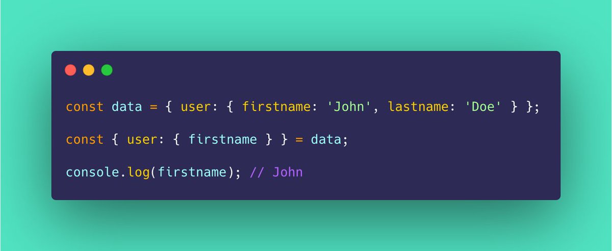 ritchiejacobs's tweet photo. #JavaScript tip:

Destructuring can be used to extract a nested object value as well: https://t.co/RIW2sHpx3r