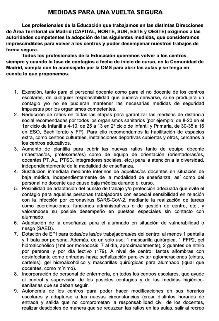 TEMA_Ensenanza's tweet photo. Desde @huelgaeducacion exigimos la adopción de las siguientes medidas para una #vueltasegura https://t.co/bdqoNEAn0P