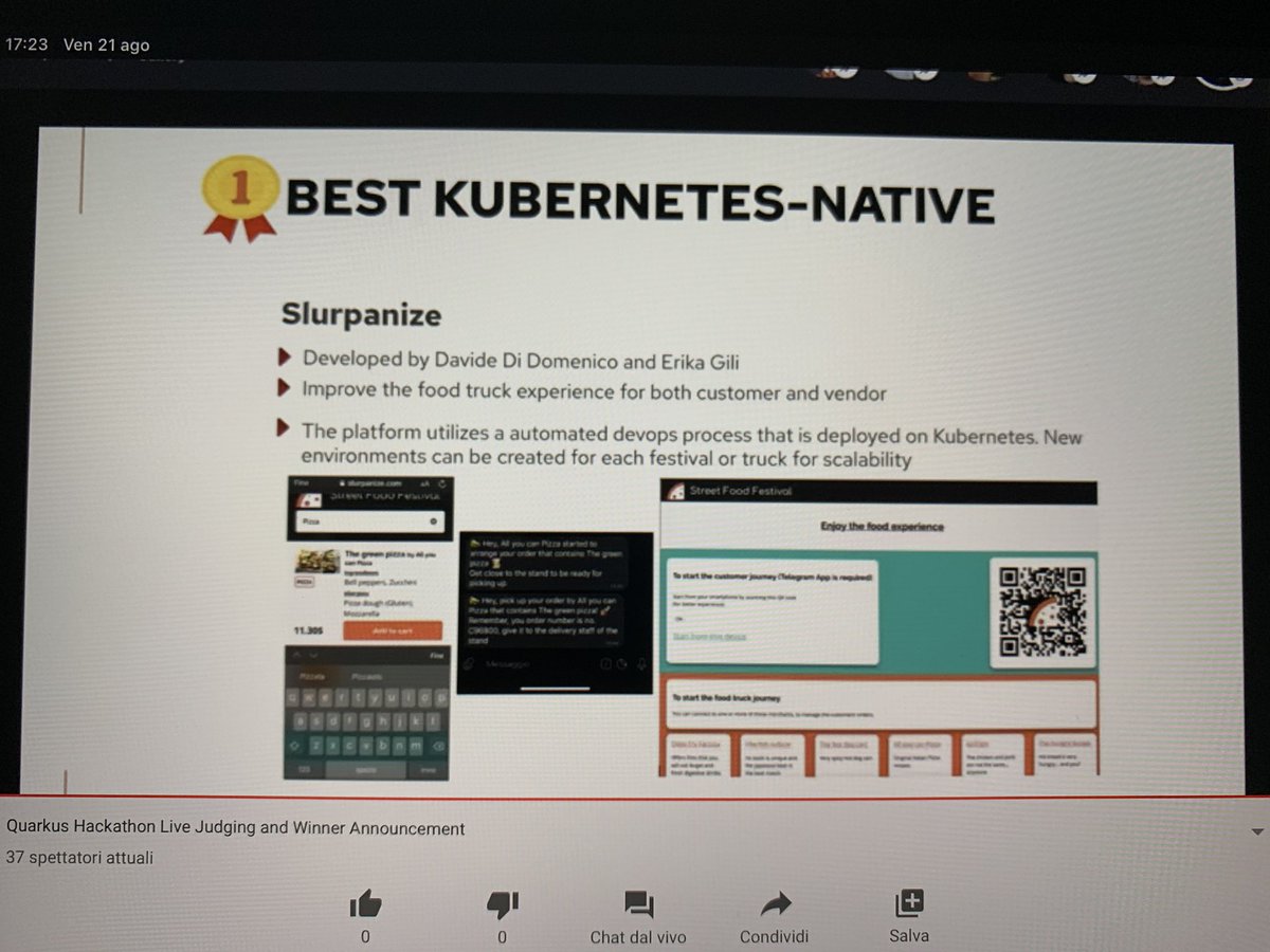 dottxado's tweet photo. Amazing experience! Slurpanize wins the best project in kubernetes category and the best overall project in the #quarkit hackathon. Great advices from the judges, great proof for me and @Davide_Di_Do that we are a rocking team, outstanding emotions! Thanks @QuarkusIO https://t.co/IAj8bRPUK2