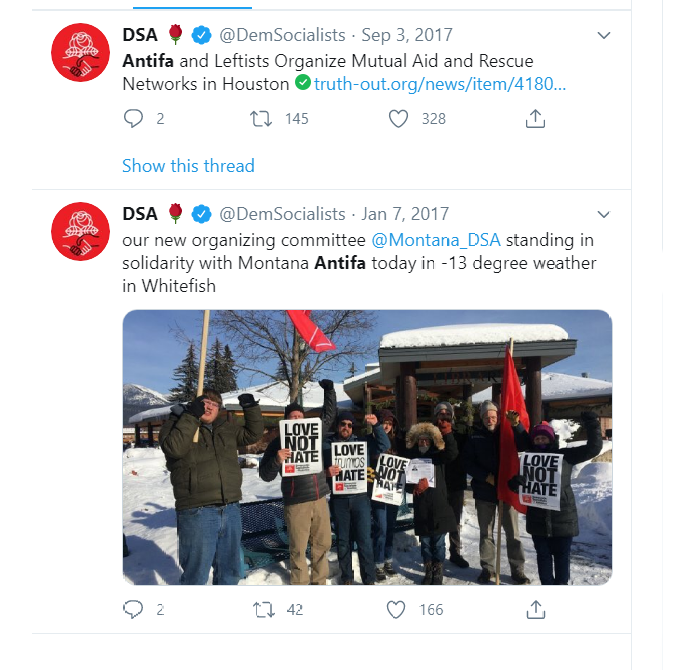 During the riots, I saw the DSA and Antifa talking and coordinating openly on Twitter. It now appears they deleted all that activity.But we still have this,