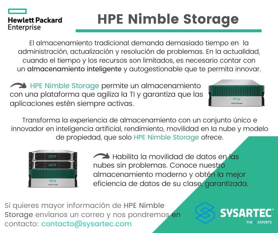 SYSARTEC's tweet photo. HPE Nimble Storage transforma las operaciones con inteligencia artificial (IA) que predice y previene interrupciones y optimiza los recursos y el rendimiento de las aplicaciones. Conoce mas de todos los beneficios que ofrece para tu negocio. contacto@sysartec.com

#HPE #Sysartec https://t.co/0ebXQZJ4DE