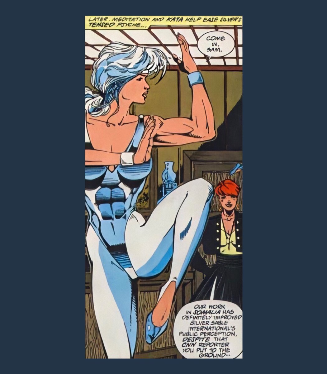 One of Silver’s fighting style is Kata. She learns Shotokan Karate. Kata is used to improve physical conditioning, muscle memory, focus/concentration & balance. And it is used by imagining to fight an imaginary opponent. Look how fucking ripped she is.- Silver Sable (1992) #18