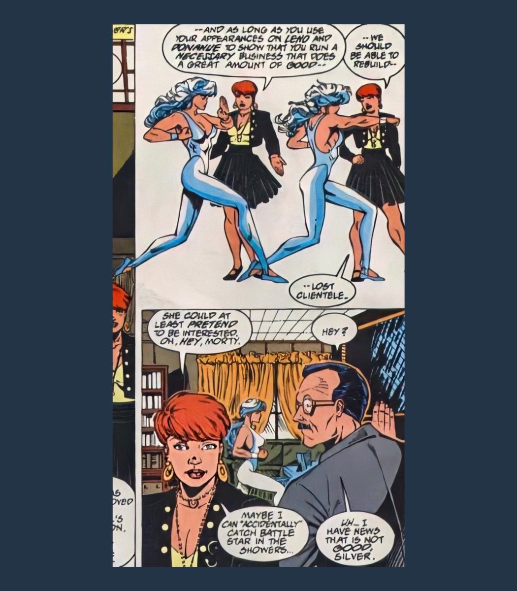 One of Silver’s fighting style is Kata. She learns Shotokan Karate. Kata is used to improve physical conditioning, muscle memory, focus/concentration & balance. And it is used by imagining to fight an imaginary opponent. Look how fucking ripped she is.- Silver Sable (1992) #18