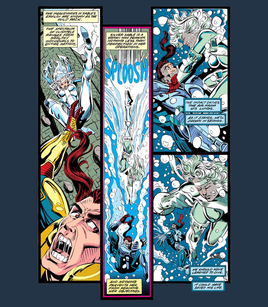 The beginning of the first issue of her solo series was a training session against the whole Wild Pack. Look at how high she jumped down. As good as she fights on ground, she fights great underwater as well. - Silver Sable (1992) #1 pg 2-3