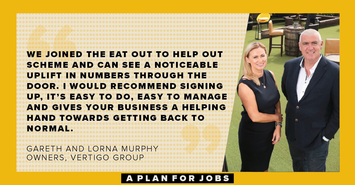 HM Treasury (@hmtreasury) on Twitter photo Gareth & Lorna Murphy, Owners of <a href="/Weare_vertigo/">We Are Vertigo</a> on the benefit their leisure businesses and restaurant have seen from the #EatOutToHelpOut scheme. #PlanForJobs
Register your business: gov.uk/guidance/regis… Gareth & Lorna Murphy, Owners of <a href="/Weare_vertigo/">We Are Vertigo</a> on the benefit their leisure businesses and restaurant have seen from the #EatOutToHelpOut scheme. #PlanForJobs
Register your business: gov.uk/guidance/regis…