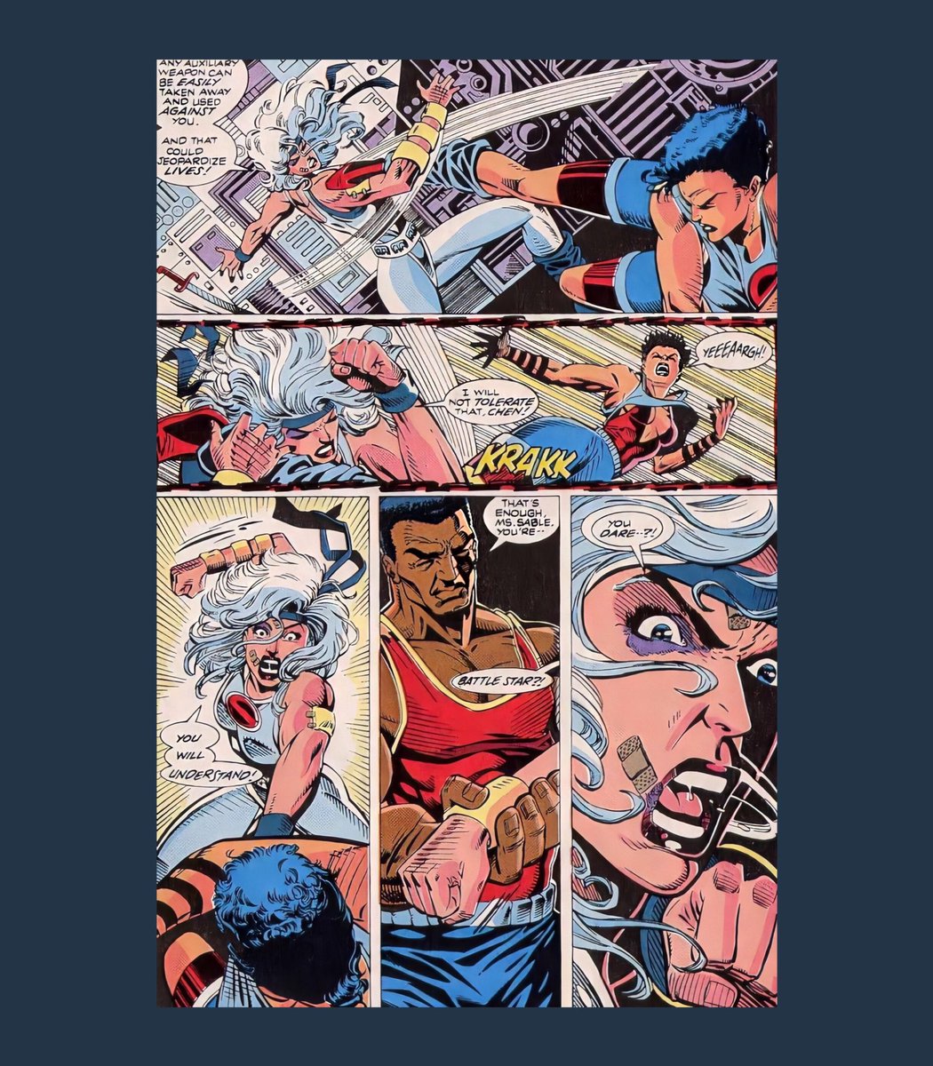 Silver Sable was unstable and lost control during the training session. Stressed out after a whole battle in #8, finding out that her father was alive after years of missing. Look at her catching the sword with her bare hands. - Silver Sable (1992) #9 pg 3-4