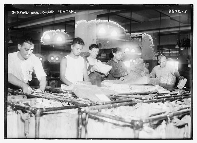 From Bain News Service, ca. 1910-15, is this one of men sorting mail at Grand Central, New York City. (George Grantham Bain Collection (Library of Congress))