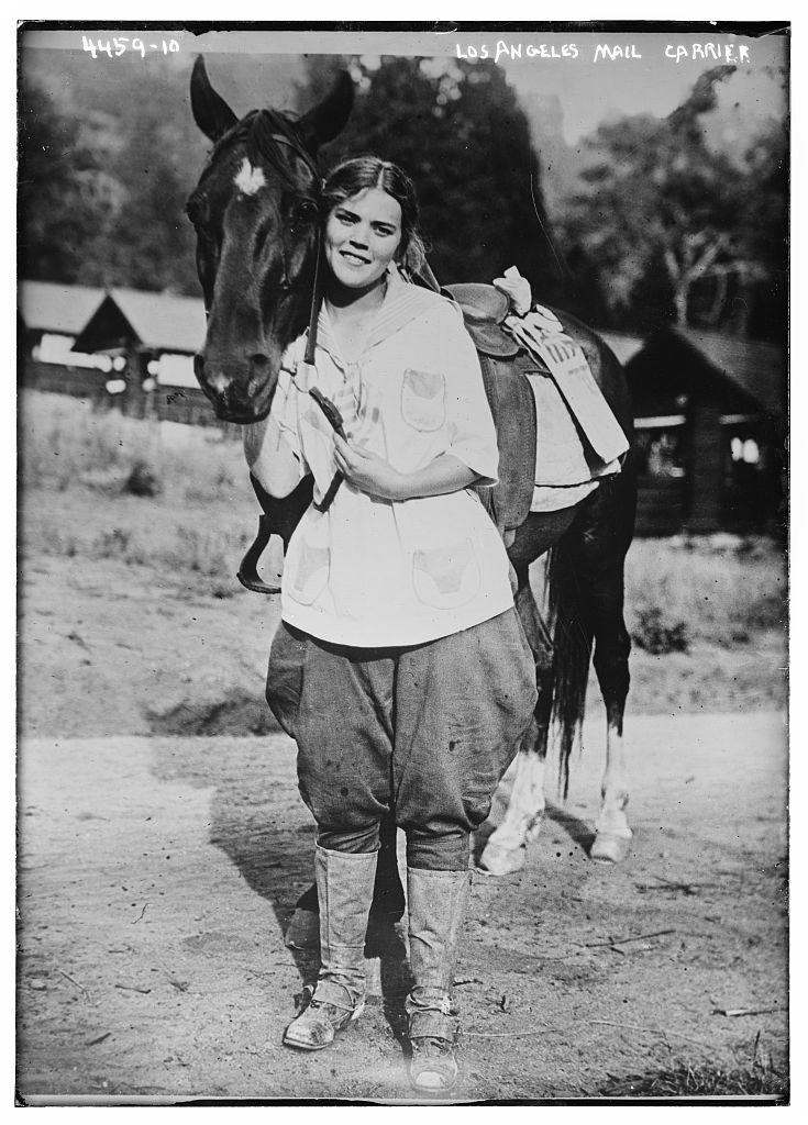 From the WWI era, a woman delivering the mail in Los Angeles by horse! It looks pretty rural behind her. Also from the George Grantham Bain Collection.