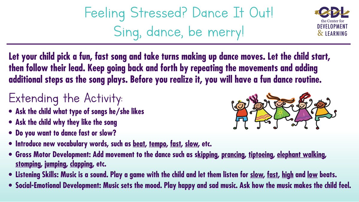 cll_teach's tweet photo. These times can be extremely stressful with new changes and challenges that we face daily. Relieve some stress by dancing it out with your little ones as it is a fun and simple way to promote learning and development. https://t.co/KCbiI15NmI