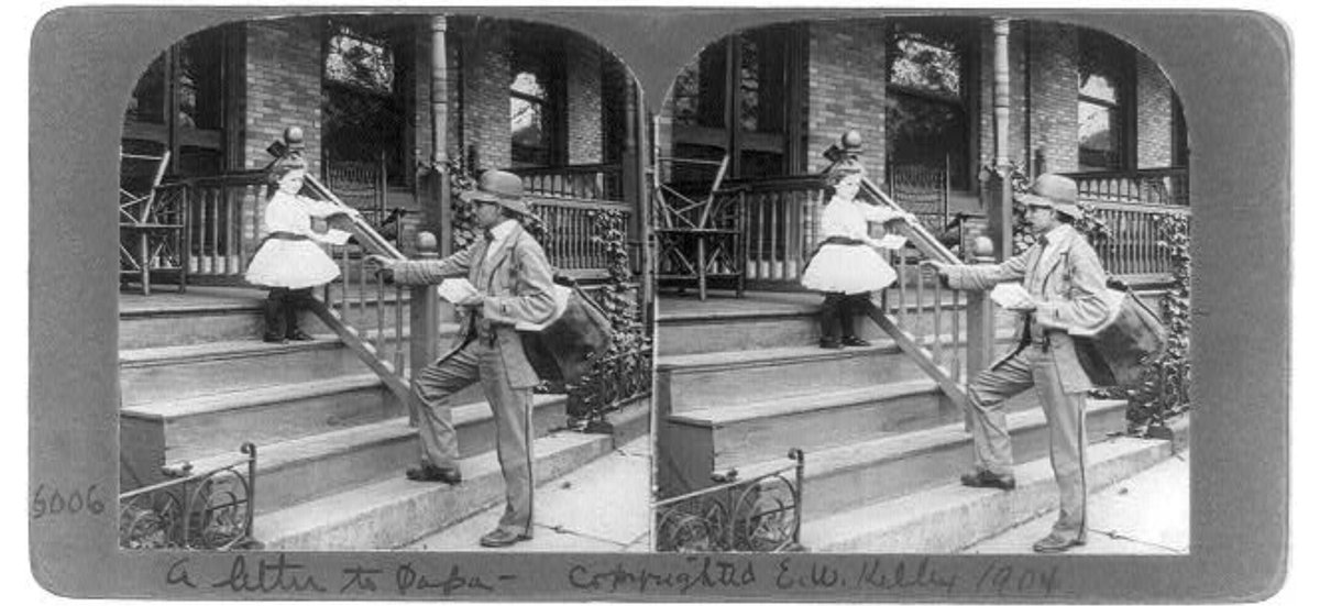 "A Letter to Papa," a stereograph of a girl giving a letter to a mail carrier, 1904, original copyright by E.W. Kelley. These were among the most popular entertainments of the turn of the century. If you grew up in the Magic Eye era, you can make it 3-D using the same technique.