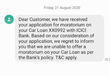 softechample's tweet photo. @ICICIBank @RBI @nsitharaman   moratorium  Aug ke liye  icic bank say mana kar diya hai. aur wo hume aaj  inform kar  rahe hai wo bhi sms kar ke .hum aage  kya karna hoga @RBI https://t.co/eIwsgPK5x8