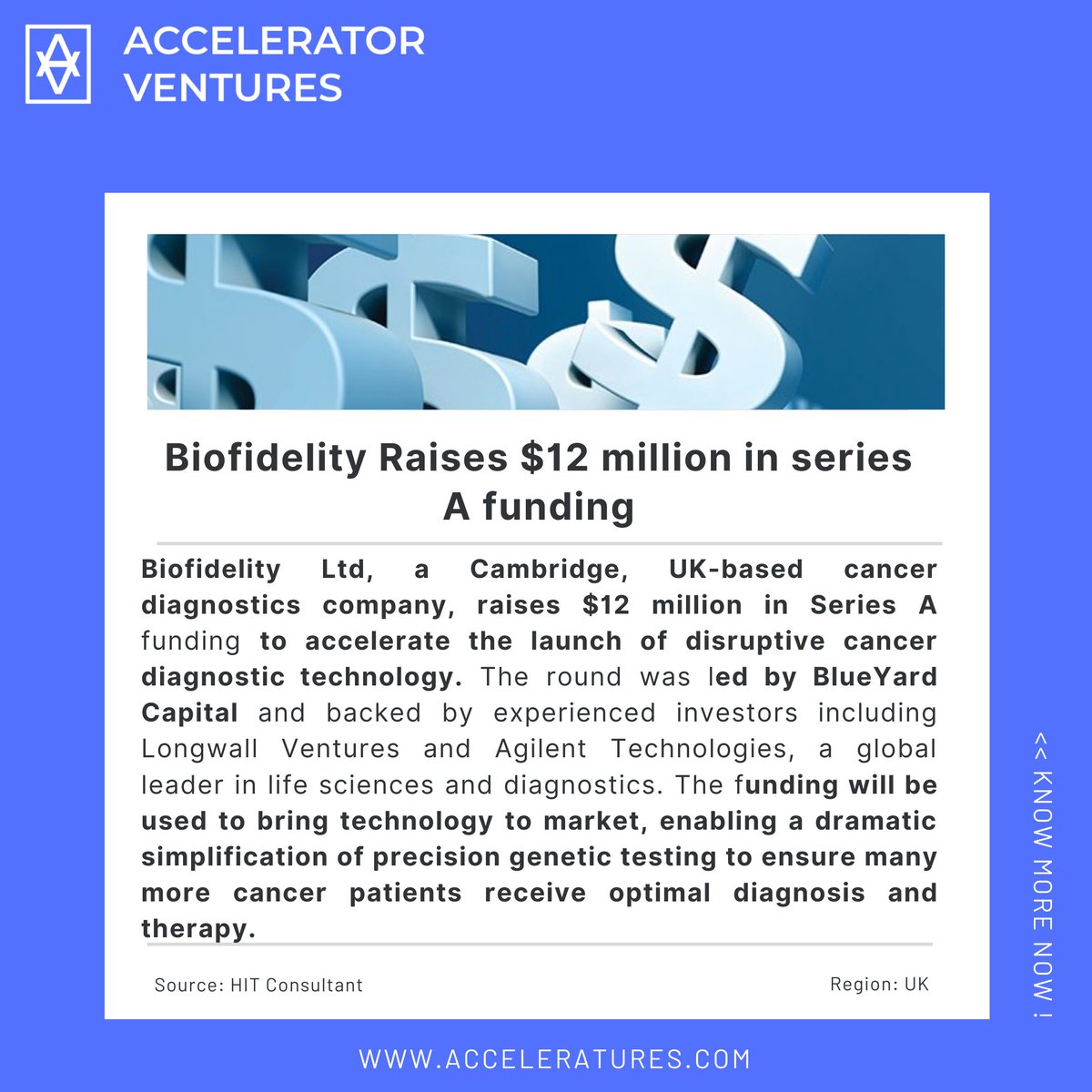 AccelVentures's tweet photo. @biofidelity Ltd, a #Cambridge, UK-based #cancerdiagnostics #company, raises $12 million in Series A funding to #accelerate the #launch of disruptive #cancer #diagnostic #technology. 

Source: HIT Consultant

Know more at: https://t.co/TFND6L3H0p https://t.co/prJKQ7E3HW