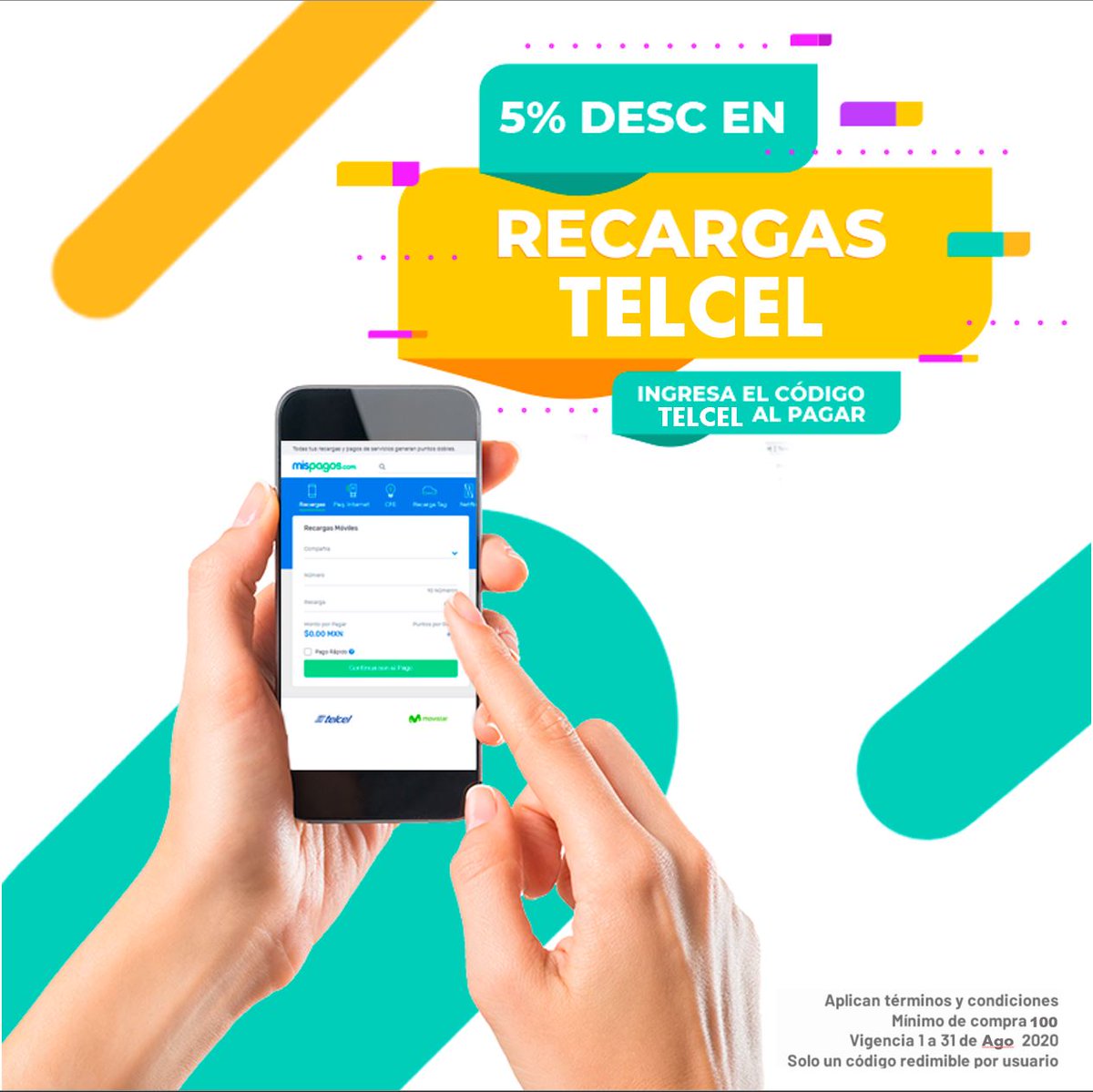 Recuerda que todo el mes de Agosto te descontamos 5% en todas tus recargas de Telcel. ¿Que esperas? Ingresa a mispagos.com usando el código de descuento TELCEL al pagar. #recargas #telcel #mispagos