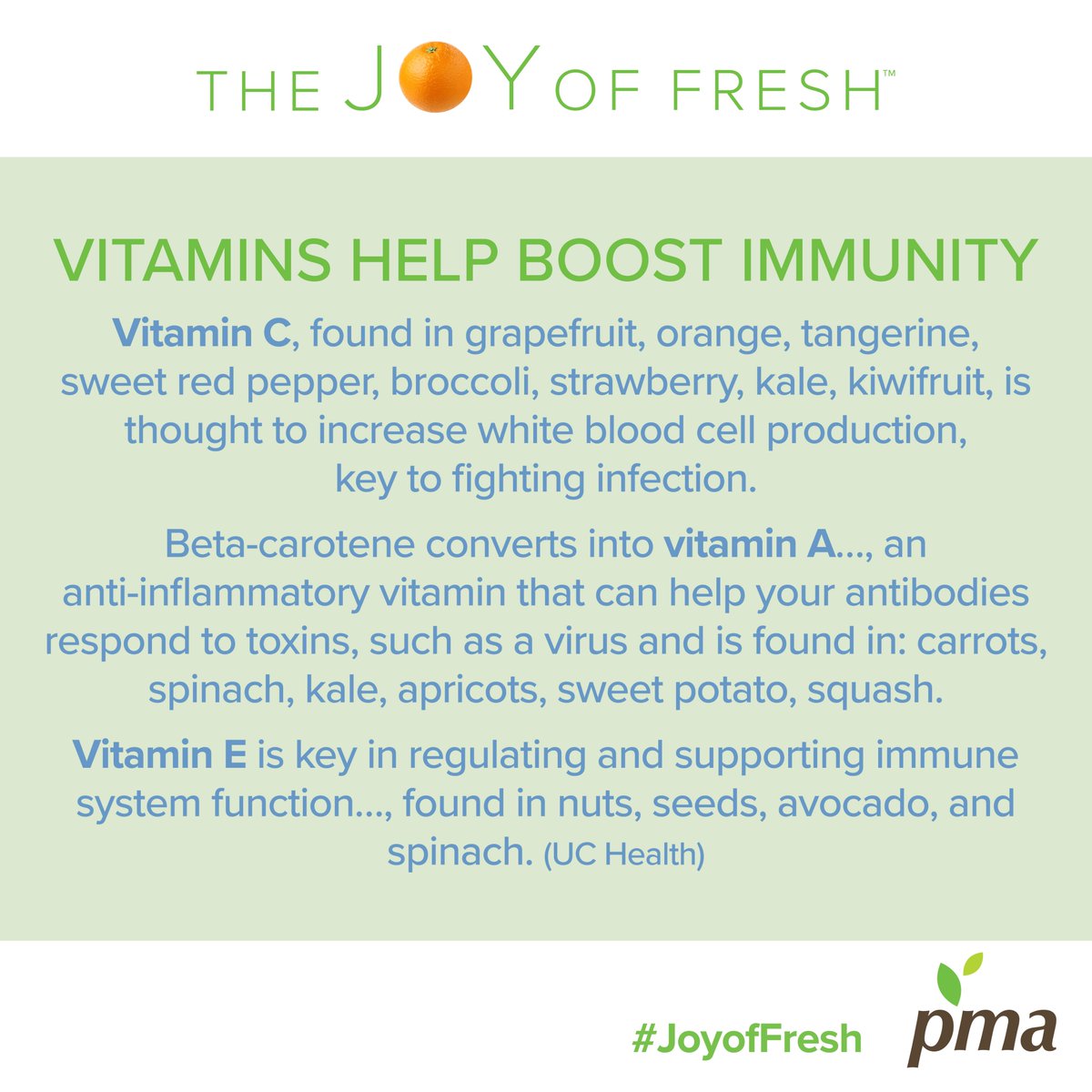 Important sources of Vitamins A, C, and E are found in many fruits and vegetables! What’s your favorite? 🍊🍓🥦🥝🥕🥑 #JoyofFresh