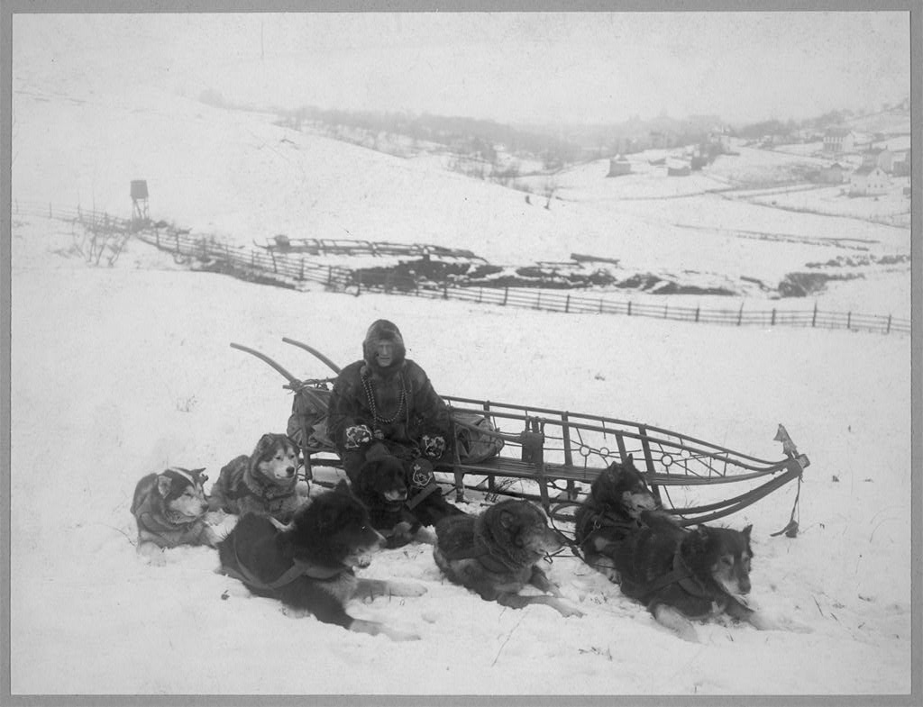 HUSKIE! This one is for the dog people out there. "Dog Team Carrying Mail" from the Frank and Frances Carpenter collection. Showing mail delivery in Alaska, of course. The dogs look nonplussed.