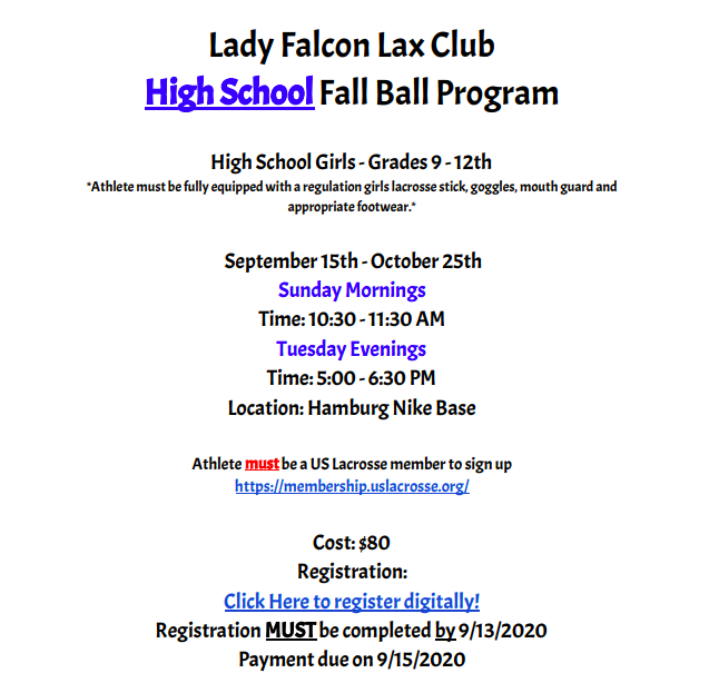 FalconLaxClub's tweet photo. 🚨Attention Lady Falcons!🚨

Please join us for our first ever Fall Ball program! We have programs for all female athletes from 3rd - 12th grade! 

See the flyer for details!💙🖤🥍🔥 https://t.co/libj3TIfca