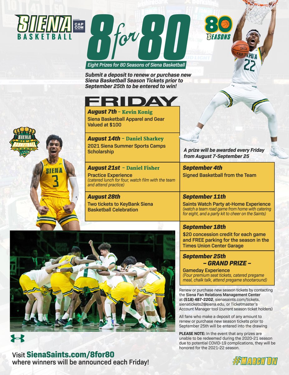 SienaTickets's tweet photo. Congratulations to this week's 8⃣-for-8⃣0⃣ winner 𝐃𝐚𝐧𝐢𝐞𝐥 𝐅𝐢𝐬𝐡𝐞𝐫, who has won a @SienaMBB practice experience❗️

Simply make a deposit to renew or purchase new #SienaSaints season 🎟 prior to Sept. 25 to be entered to win a 🎁

📰 https://t.co/QCUqplT6hq

#MarchOn https://t.co/0AIWOeDA1y