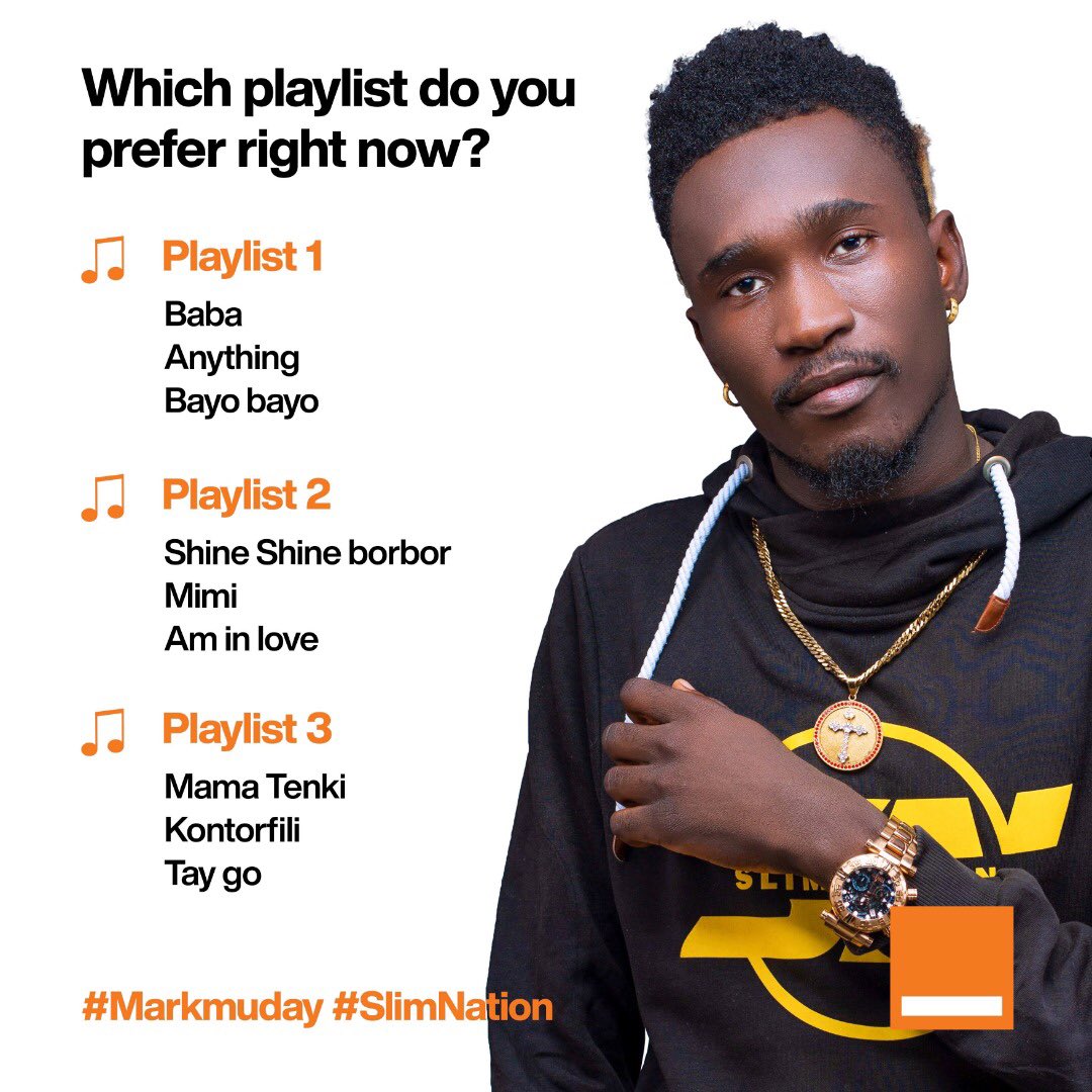 Orange_sierra's tweet photo. The weekend starts early at Orange! Let us enjoy Sierra Leonean music. Which playlist do you prefer from our Ambassador Markmuday right now? Comment your answer in the comment section below.
#OrangeKushe #Markmuday #SlimNation #LocalContent https://t.co/Z3ifLgOQd9