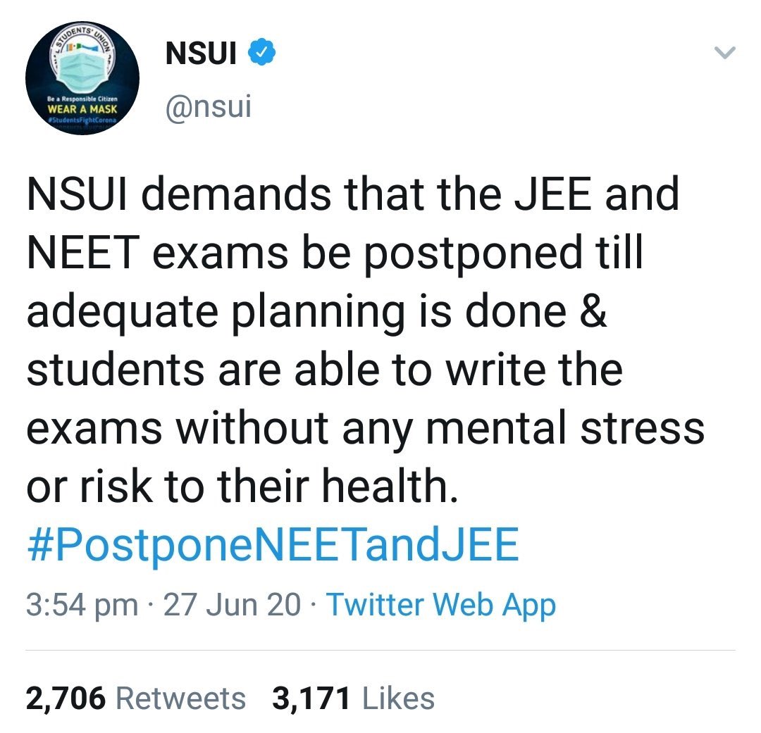 anvith_kateel's tweet image. NSUI was the first organization to raise the voice to postpone the #JEE and #NEET examinations keeping in mind the interests of the students due to increasing #Corona cases. We request the govt not endangering the lives of students.
@guptar @nsui 
#ProtestAgainstExamsInCOVID
