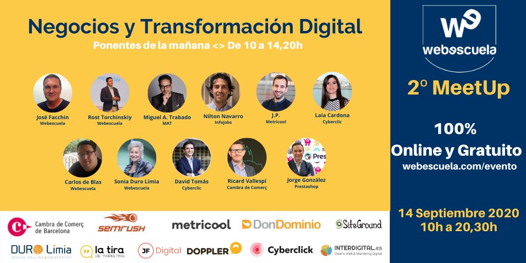 Web_escuela's tweet photo. ¡MeetUp 100% #Online y Gratuito de #Webescuela!
"Negocios y Transformación Digital en tiempos del eCommerce"
📅14/09 del 2020 ⏰10 a 20:30 Hs.
https://t.co/Xwe790sbrY
Descubre las #EstrategiasDigitales que debe implementar un negocio para alcanzar sus objetivos comerciales. https://t.co/4luZ1suNhA