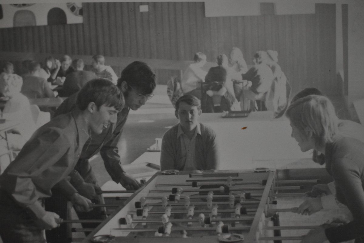 CampionUR's tweet photo. Competitive foosball circa 1970. Games and tournaments used to last days, and students would even skip class for them! 
#flaskback #jesuiteducated #campion #uofr #yqr https://t.co/3tHTB4flmR