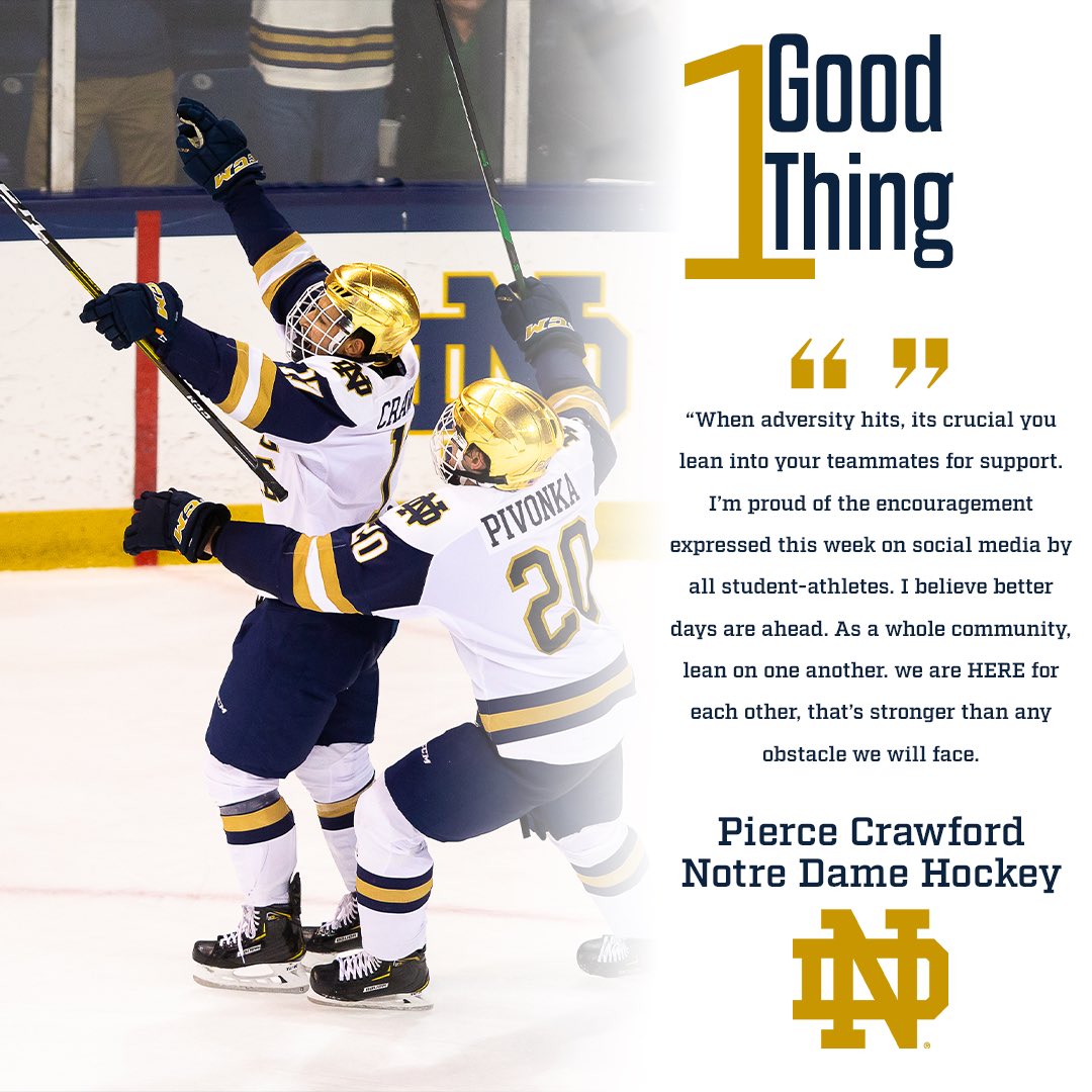 1️⃣ Good Thing ☘️

Check out <a href="/Pcraw3/">Pierce Crawford</a> of <a href="/NDHockey/">Notre Dame Hockey</a> One Good Thing of the week, seeing all <a href="/FightingIrish/">The Fighting Irish</a> student-athletes come together through social media, leaning into each other during adversity. 
#GoIrish