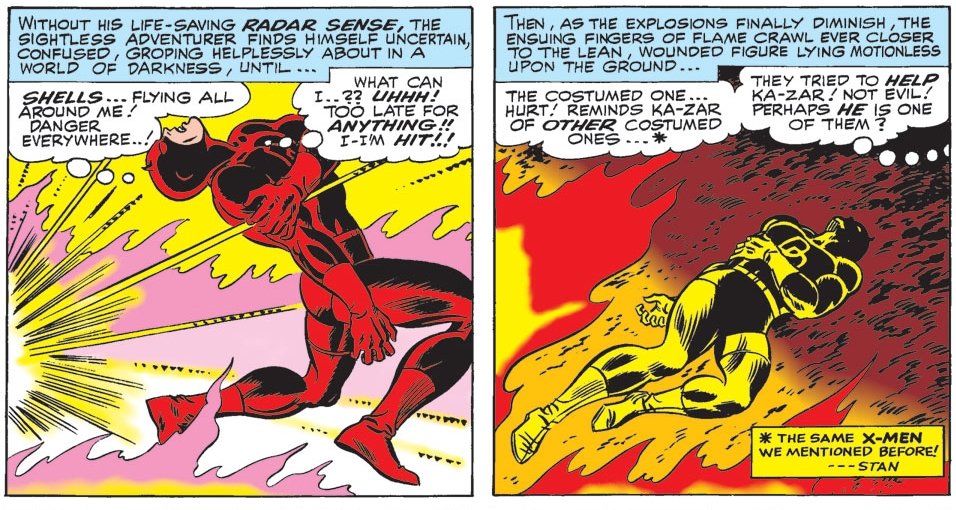 Daredevil Vol 1 #12-14Jan/Mar 1966by Stan Lee (W), Jack Kirby and John Romita Sr. (P), Sam Rosen (L)"Sightless, in a Savage Land!"DD meets Ka-Zar, and we learn the origin of Ka-Zar (Kevin Plunder).