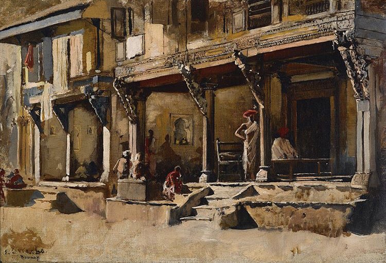 A curation of paintings by Orientalist Edwin Lord Weeks, who, over three long trips in the 1880s, painted India. Swipe ~The Silk Merchants | Merchants along a street in Bombay, 1883 | Start for the Hunt at Gwalior, 1884-85 | Nautch girls emerging from the Taj Mahal, 1885