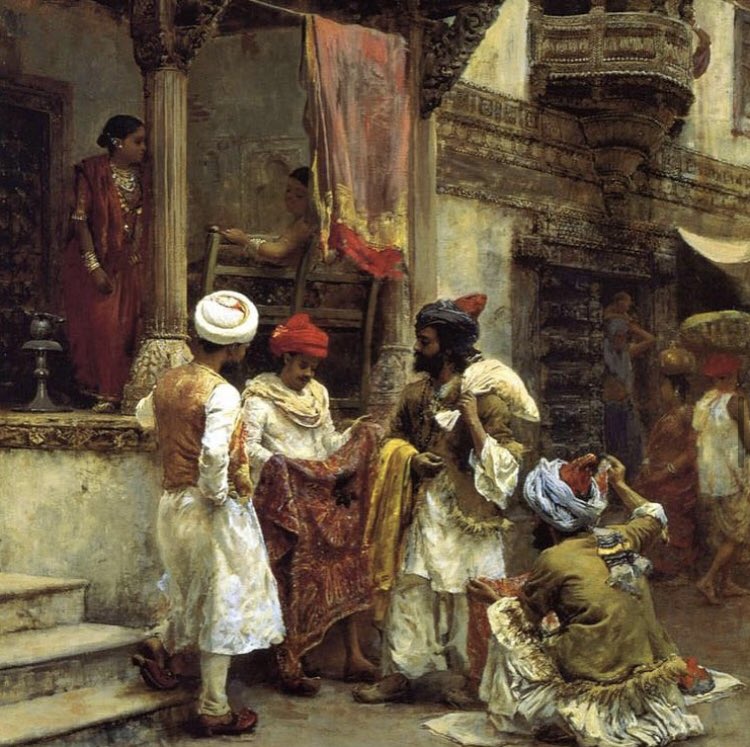 A curation of paintings by Orientalist Edwin Lord Weeks, who, over three long trips in the 1880s, painted India. Swipe ~The Silk Merchants | Merchants along a street in Bombay, 1883 | Start for the Hunt at Gwalior, 1884-85 | Nautch girls emerging from the Taj Mahal, 1885